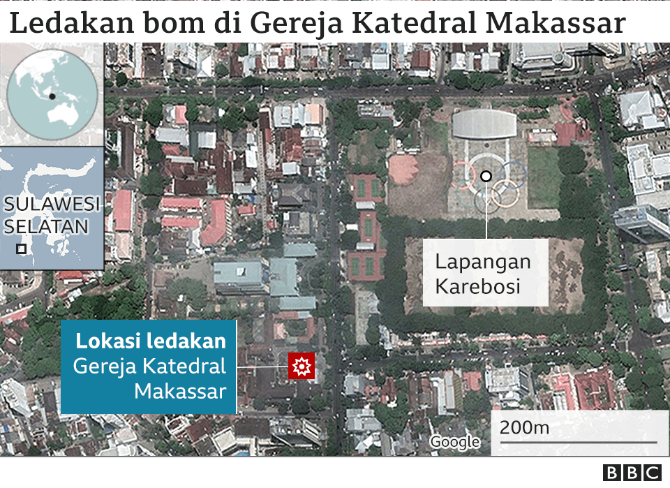 Lokasi ledakan di depan Gereja Katedral Makassar.