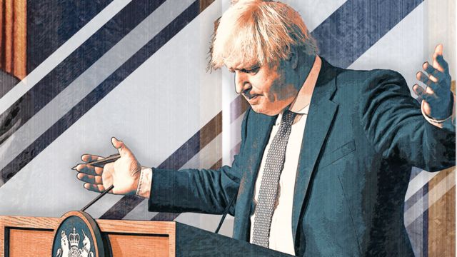 Boris Johnson gestures as he gives a press conference at 10 Downing Street on December 8