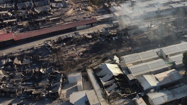 An aerial view of destroyed shelters following a fire at the Moria camp for refugees and migrants on the island of Lesbos