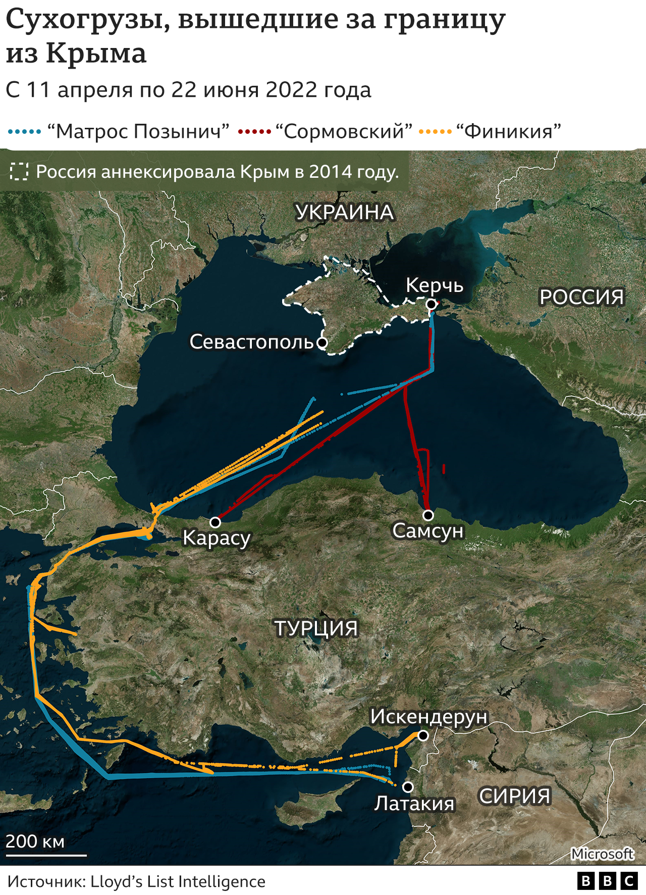 Карта движения судов, перевозящих зерно за границу из Крыма