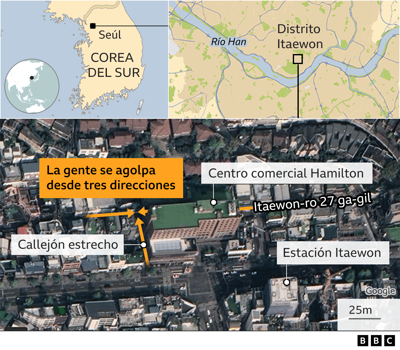 Mapa del callejón de Seúl donde tuvo lugar la tragedia