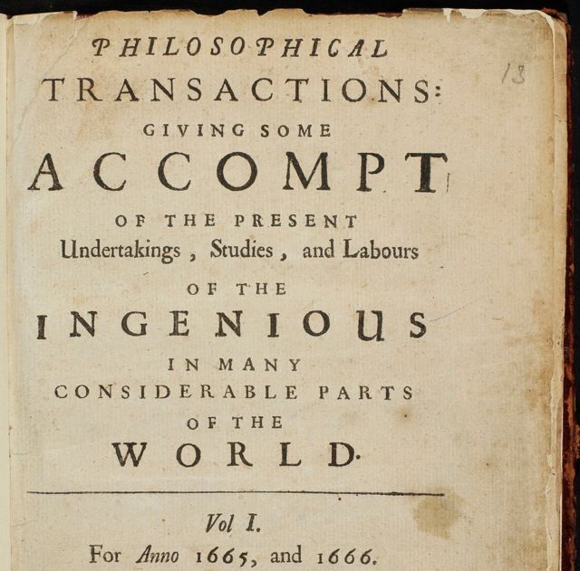 El primer número de la revista Transacciones filosóficas, de la Royal Society, la revista científica de publicación continua más antigua del mundo.