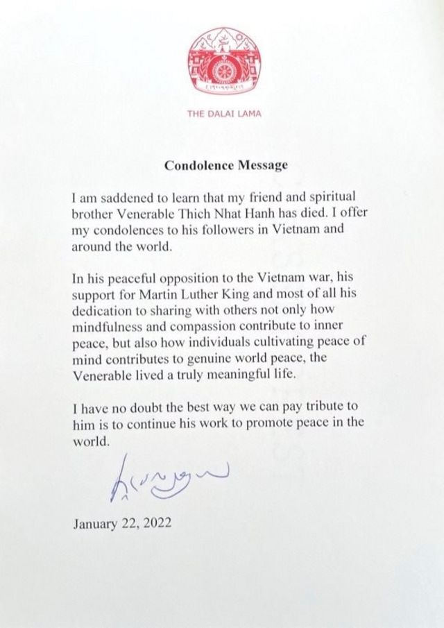 Điện thư từ Đức Đạt Lai Lạt Ma chia buồn vì sự ra đi của sư ông Thích Nhất Hạnh