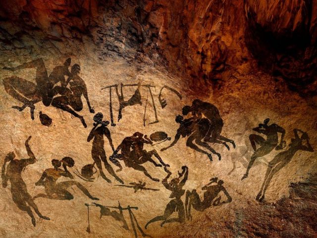 Pintura rupestre, obras de arte de figuras humanas pintadas en la pared de una cueva, fecha y lugar sin confirmar.