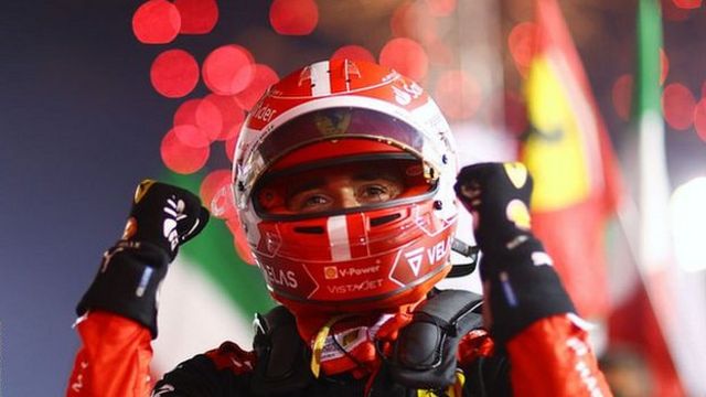 Charles Leclerc celebrates winning the Bahrain Grand Prix