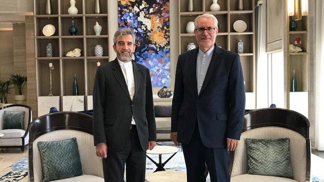 از راست به چپ: حمیدرضا دهقانی سفیر جمهوری اسلامی در دوحه و علی باقری کنی مذاکره کننده ارشد ایران