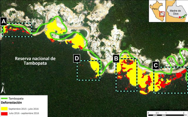 Imagen satelital de la deforestación en la Reserva Nacional Tambopata, en Madre de Dios, Perú.