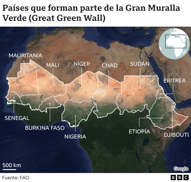 Mapa de parte de África que muestra los países participantes de la iniciativa Gran Muralla Verde