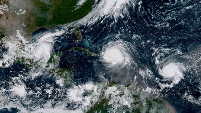Furacões Irma, Jose e Katia no Caribe, vistos do céu