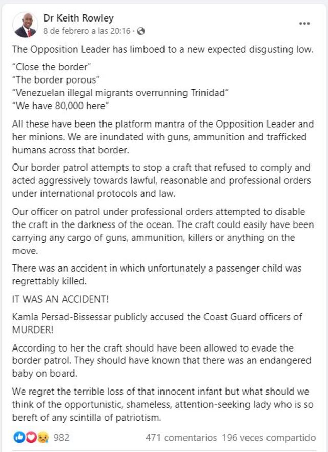 Captura de pantalla del comentario en Facebook del primer ministro Keith Rowley