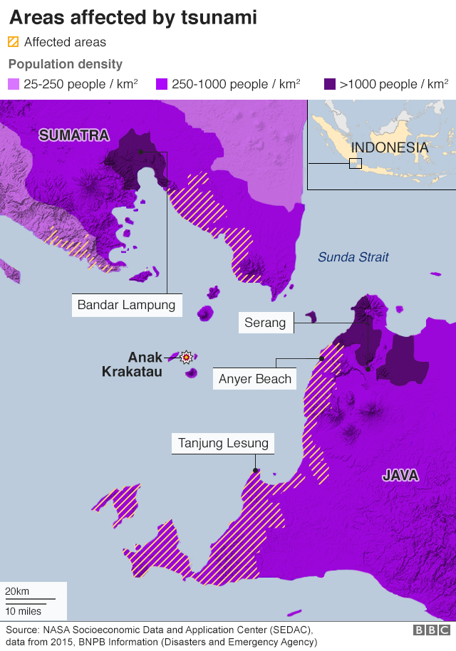 Map showing areas affected by tsunami and population density