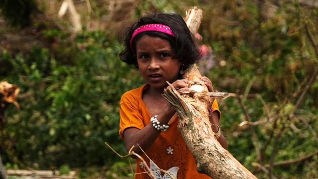Girl carries branch in Thet Kyal Pyin Rohingya village