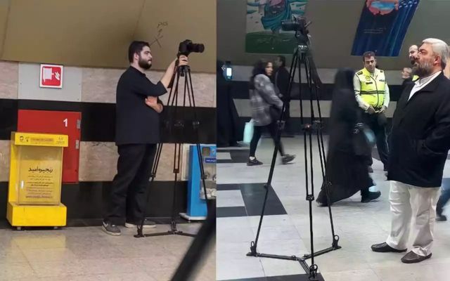 دو فرد لباس‌شخصی در حال فیلمبرداری از شهروندان در ایستگاه‌های مترو