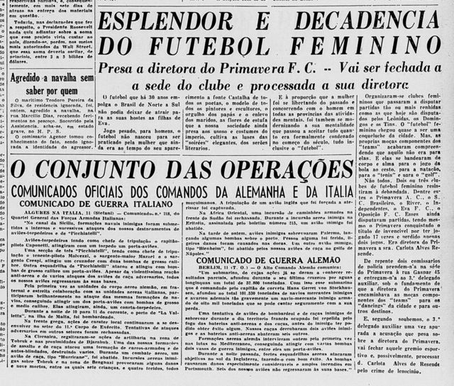 Matéria de 1941 no jornal 'A Batalha' sobre prisão de diretora de time de futebol feminino