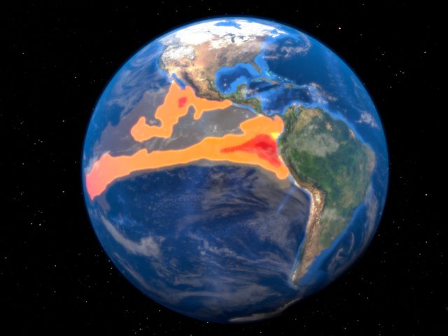 Representação gráfica do fenômeno El Niño, que aquece as águas do Oceano Pacífico na faixa equatorial próxima à costa do Peru e Equador