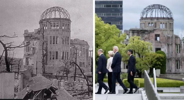 O domo de Hiroshima, única construção remanescente do bombardeio; à direita, visita de líderes do G7