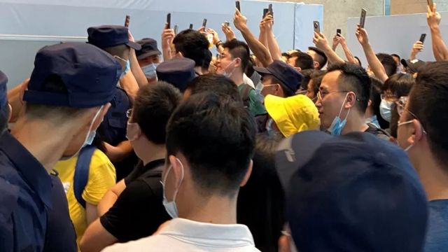 Protesters at Evergrande headquarters in Shenzhen.