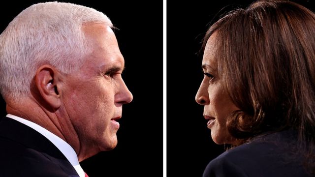 Composite of Kamala Harris and Mike Pence debating together
