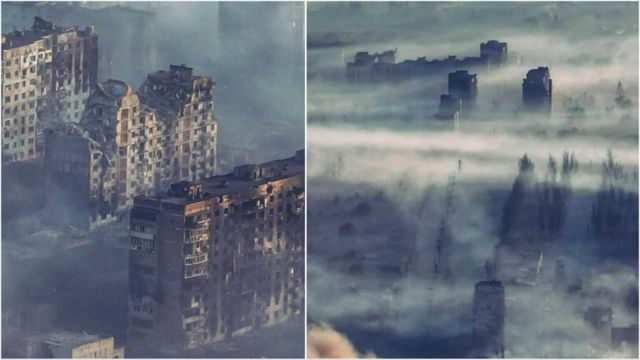 На цих фото Бахмута руїни міста не в тумані, а в диму від пожеж та димових снарядів