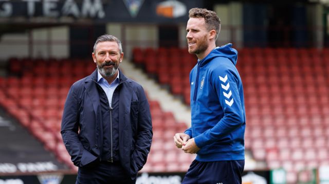 Kilmarnock manager Derek McInnes (L) with Marley Watkins before a Viaplay Cup group stage match between Dunfermline and Kilmarnock at KDM Group East End Park, on July 22, 2023