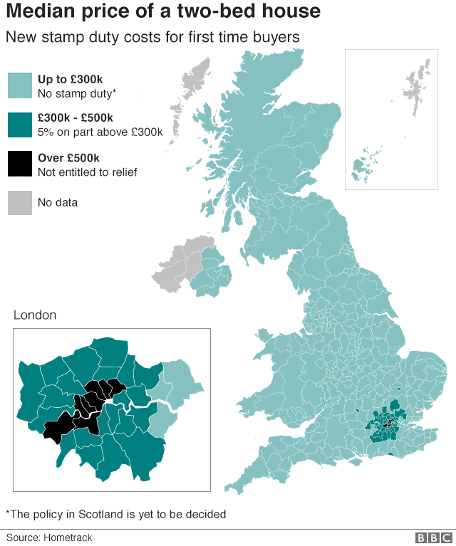 Map of median two-bed house prices in the UK