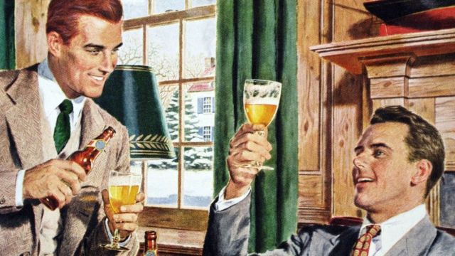 Ilustración de dos profesionales estadounidenses bebiendo en una casa suburbana, cerca de 1945