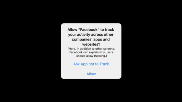 A screenshot showing an iOS message asking users to verify that they permit Facebook to track their data when using apps owned by the firm