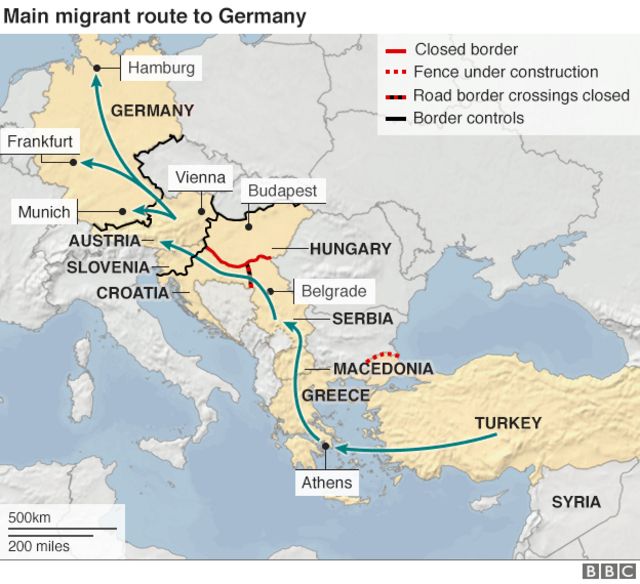 Map showing routes being used by migrants trying to reach Austria and Germany - 19 October 2015