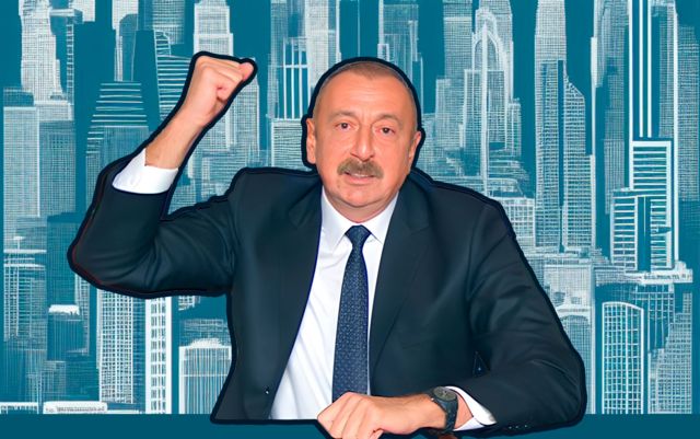 Ильхам Алиев машет кулаком на фоне рисунка из бакинских высоток