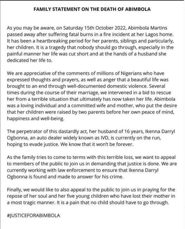 Family statement from IVD late wife