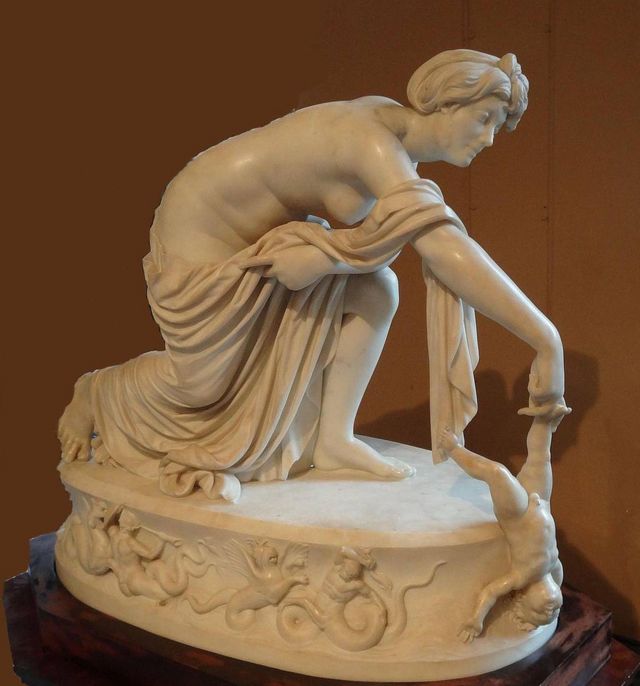 Thetis immerses Achilles in the River Estix, a marble statue by the British neoclassical sculptor Thomas Banks, (1735-1805).  With thanks to the V&A Museum for allowing photography.