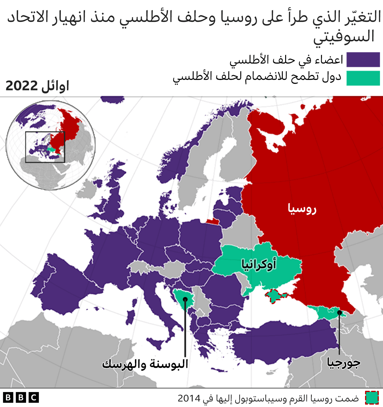 خريطة لأعضاء الناتو والدول الراغبة في الانضمام إليه في أوائل 2022
