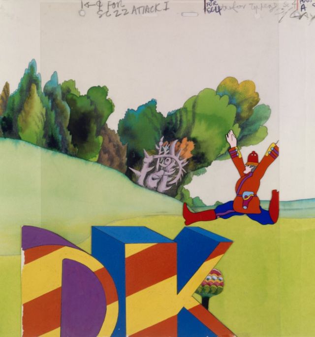 Background animation cell of a landscape with a brightly coloured policeman running from the 1968 Beatles film Yellow Submarine