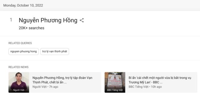 Từ khoá "Nguyễn Phương Hồng" - "Trợ lý Vạn Thịnh Phát" tối đa nhập Xu thế dò la tìm tòi của Google hôm 10/10