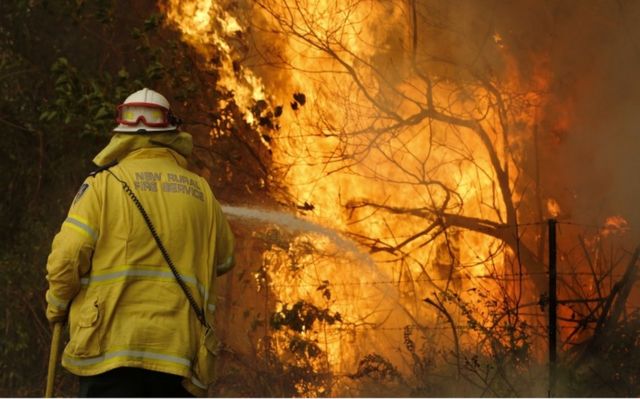 A firefighter works to contain a fire near Taree, New South Wales, Australia, 12 November 2019.