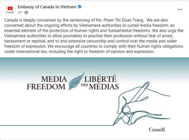 Đại sứ quán Canada:" Chúng tôi khuyến khích tất cả các quốc gia tuân thủ các nghĩa vụ nhân quyền của họ theo luật pháp quốc tế, bao gồm quyền tự do quan điểm và biểu đạt"