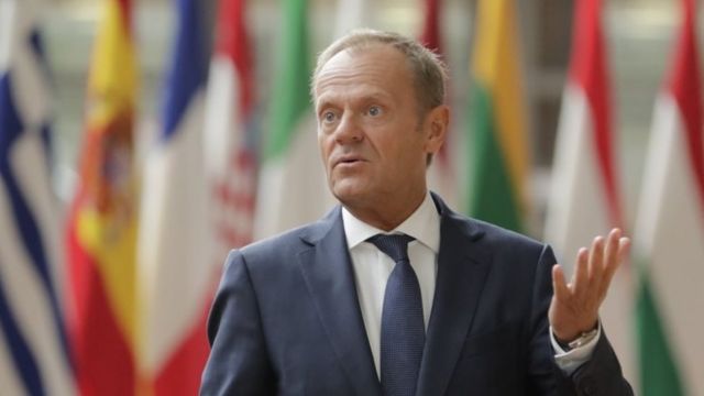 EU Council President Donald Tusk (L) prior to a meeting at EU council in Brussels, Belgium, 5 September 2019.