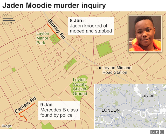 Map showing the locations of the Jaden Moodie murder inquiry