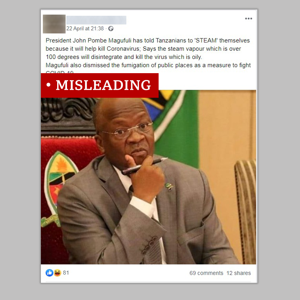 Screen grab of Tanzanian president labelled misleading