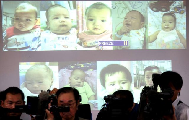 Surrogate babies that Thai police suspect were fathered by a Japanese businessman who has fled from Thailand, 12 August 2014