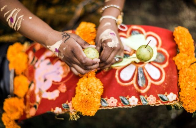 A Hindu devotee places fruit to decorate her 'Kavadi' (symbolic burden) during the annual Hindu Thaipoosam Kavady festival held at Shree Emperumal Hindu Temple in Mount Edgecombe township, some 42 kms north of Durban on February 3, 2018.
