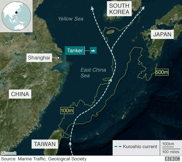 Map shows route of tanker through East China Sea