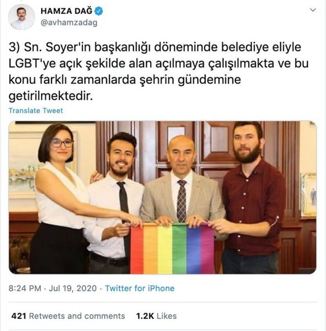 حمزه دگ، نماینده حزب عدالت و توسعه در مجلس از تونج سویر، شهردار ازمیر به دلیل حمایت از حقوق دگرباشان انتقاد کرد
