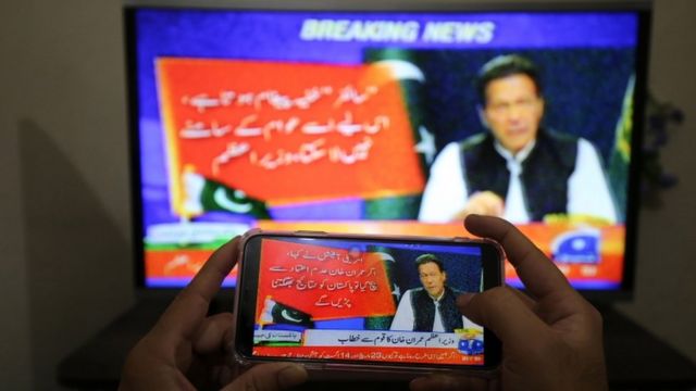 Imran Khan addressing Pakistan ahead of no-confidence vote.