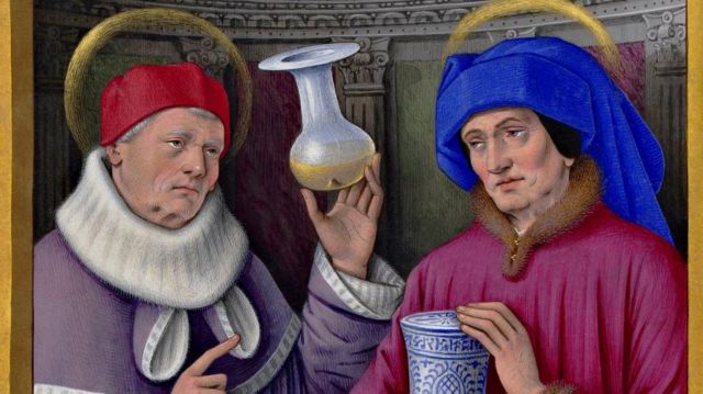Pintura antiga mostra dois homens com frascos