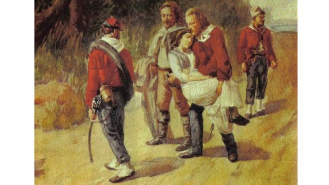 Quadro de autor desconhecido retrata Anita à beira da morte, carregada por Garibaldi