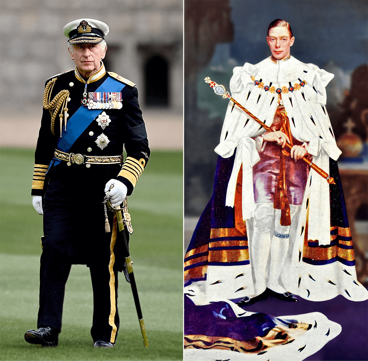 Король Карл III в военной форме и Георг VI в бриджах и шелковых чулках