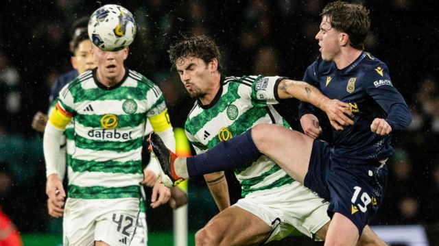 Celtic's Matt O'Riley (L) and Dundee's Finlay Robertson in action
