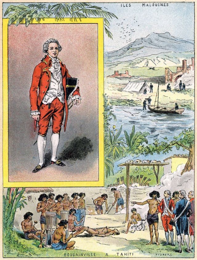 Ilustración de Louis Antoine de Bougainville en Tahití hecha por el artista Gilbert en 1898.