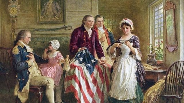 رسم لواشنطن وهو يشاهد بيتسي روس تقوم بخياطة العلم الأمريكي الأول بفيلادلفيا في بنسلفانيا في عام 1777
